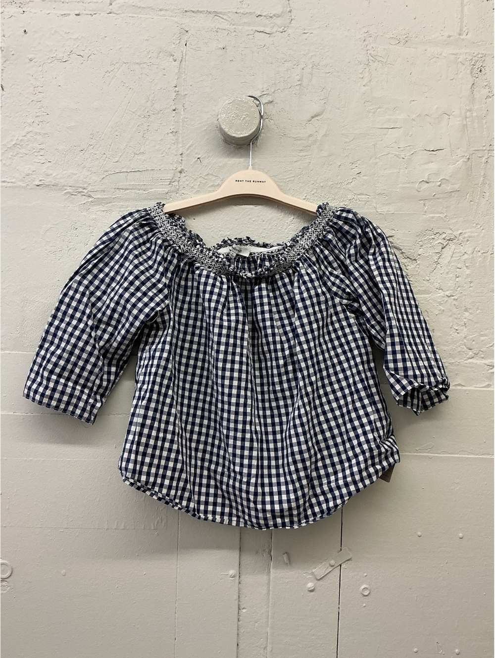 Madewell  Gingham Off-Shoulder ruffle Blouse Navy Blue White